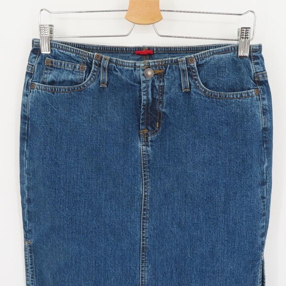 Mossimo Juniors 7 Blue Jean Denim Maxi Skirt Side Slits Pockets Y2K All Cotton - Picture 2 of 11